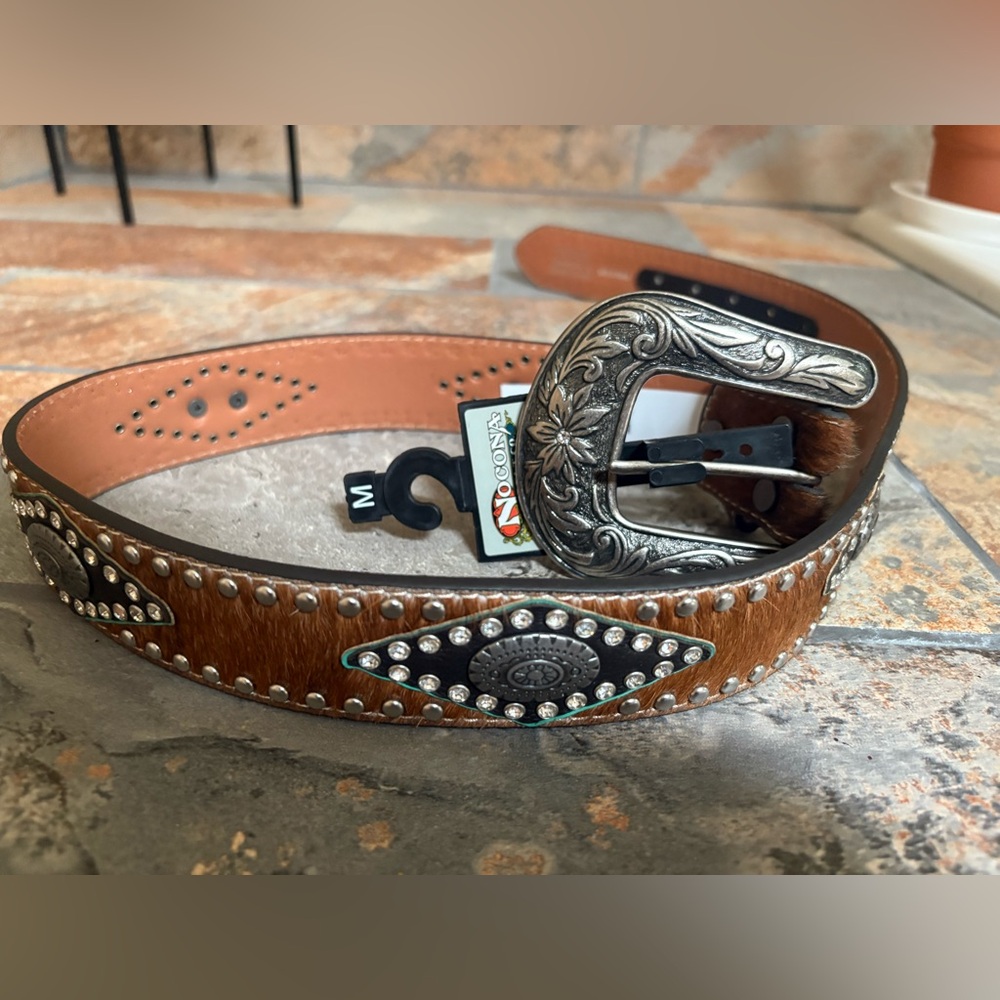 Nocona Ladies Western Calf Hair & Leather Brown concho Belt N320002002 M NWT